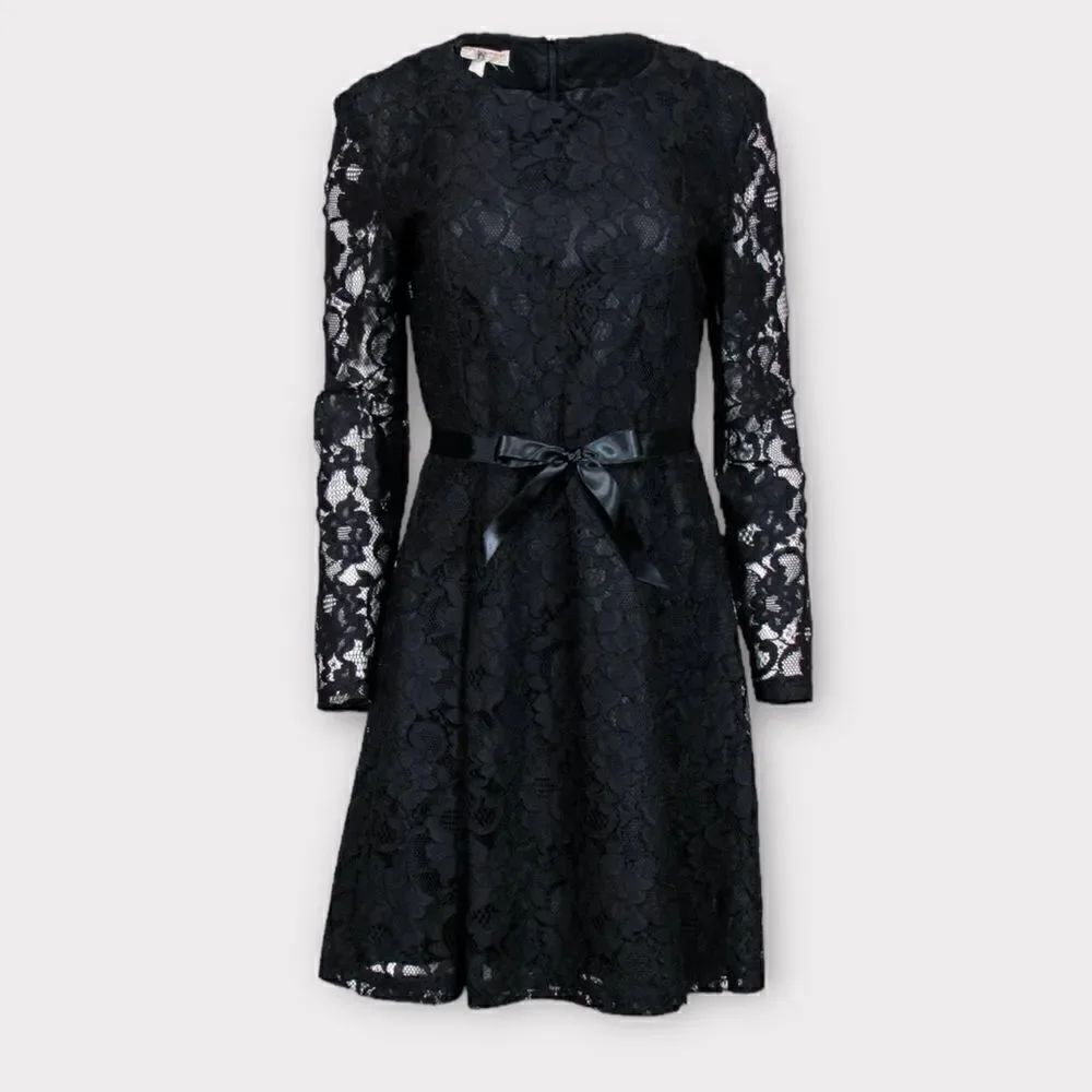 Brooks Brothers Black Floral Lace Long Sleeve Fit & Flare Dress with Tie Belt
